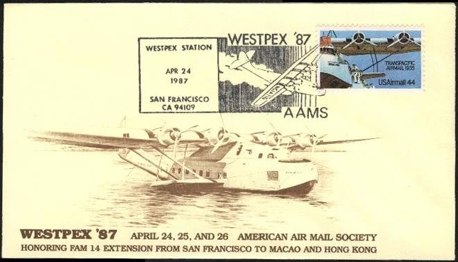 1987 WESTPEX cachet commemorating the 1935 inauguration of Pan American Airways' airmail service from San Francisco to Hong Kong