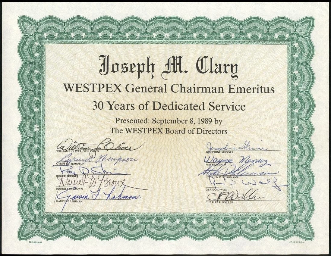 A 1989 certificate signed by the WESTPEX board honoring Joseph Clary's 30 years of dedicated service