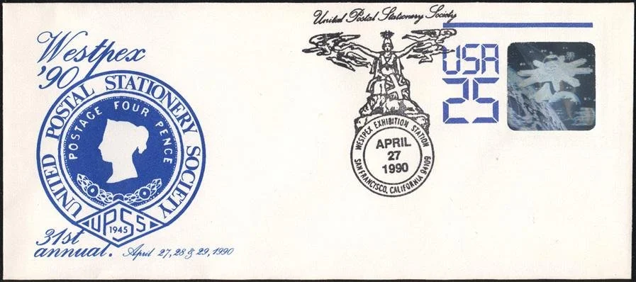 The 1990 WESTPEX hologram stamped envelope — the first U.S. hologram stamped envelope, in blue ink