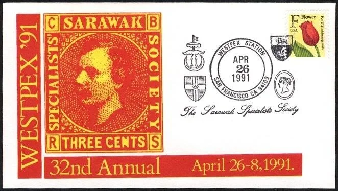 1991 WESTPEX red cachet mimicking the Sarawak Scott #2 postage stamp design