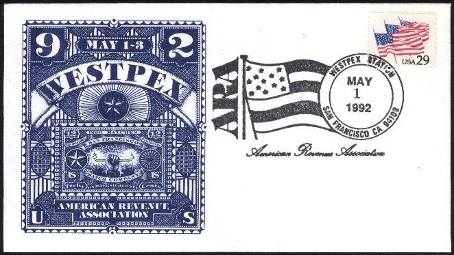 1992 WESTPEX cachet featuring a blue San Francisco Match Company revenue stamp