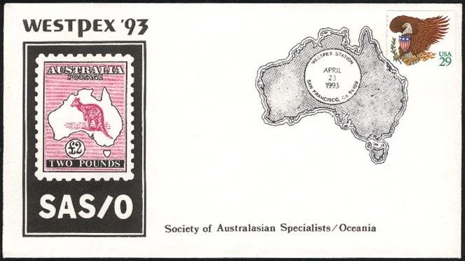 1993 WESTPEX cachet with a drawing of the Australia £2 postage stamp