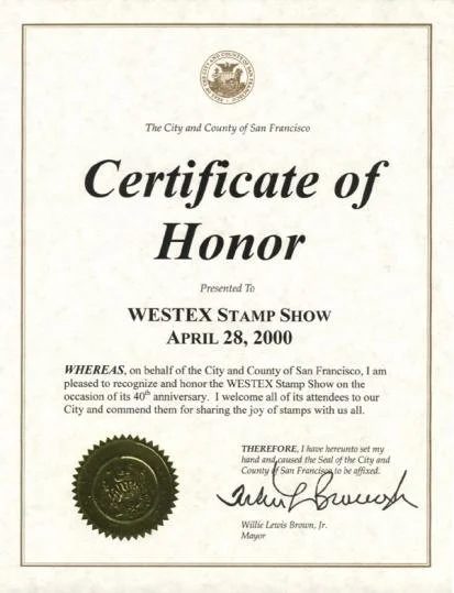 A Certificate of Honor from San Francisco Mayor Willie Brown for the 2000 WESTPEX show