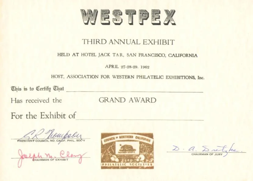 The 1962 WESTPEX Grand Award certificate