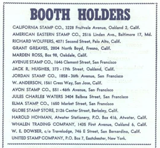 A list from the 1960 WESTPEX program showing all seventeen original dealers and their locations