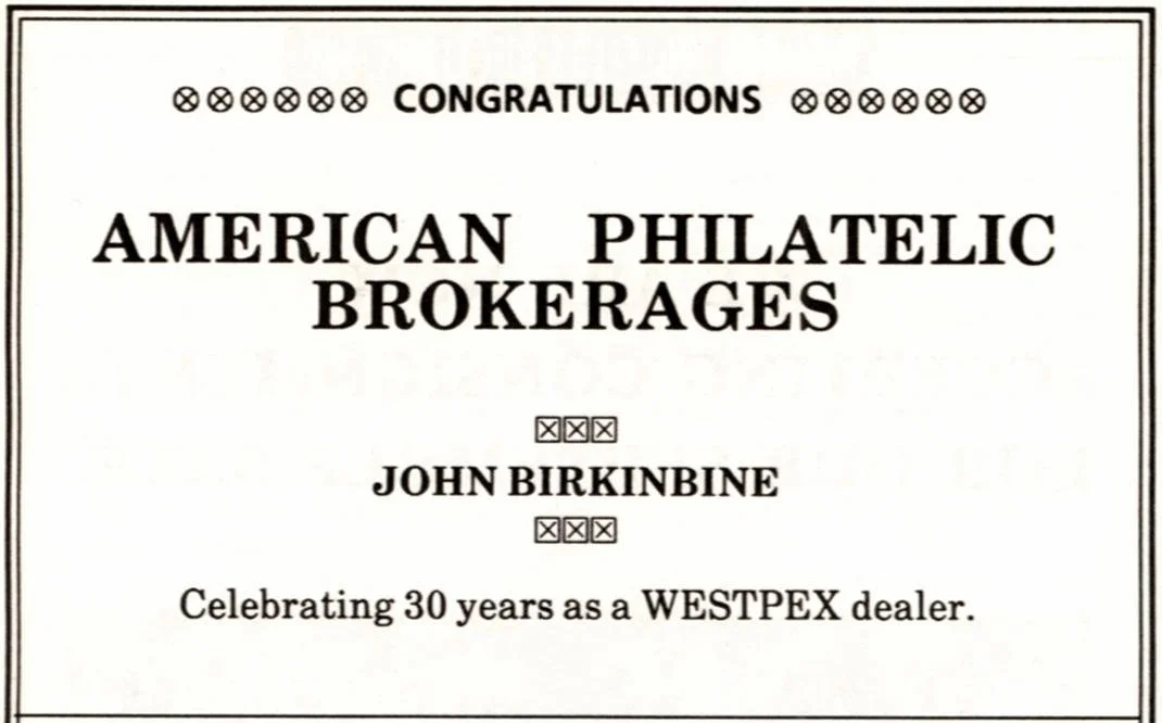 A 1992 announcement from the WESTPEX show recognizing American Philatelic Brokerages for 30 years at WESTPEX