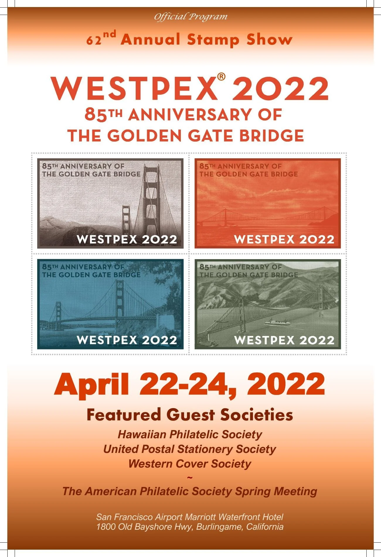 The 2022 WESTPEX program cover featuring the 85th anniversary of the Golden Gate Bridge