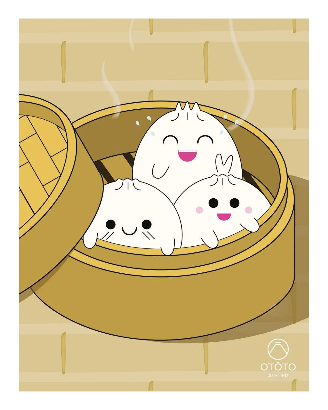 🥢 Une affiche aussi gourmande qu&rsquo;adorable ! 🥢
.
Difficile de r&eacute;sister &agrave; ces trois petits nikuman kawaii blottis dans leur panier vapeur ! 🥰 Deux posent avec &eacute;l&eacute;gance, tandis que le troisi&egrave;me, un brin espi&e