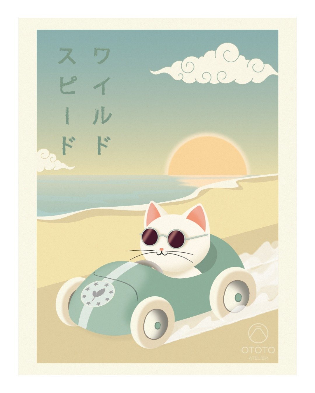Des couleurs douces, des vibes r&eacute;tro et une pointe de nostalgie. Un petit chat au volant d&rsquo;un vieux bolide, filant sur la plage sous un coucher de soleil apaisant. 
.
Comme toujours, cette affiche est imprim&eacute;e localement sur du pa
