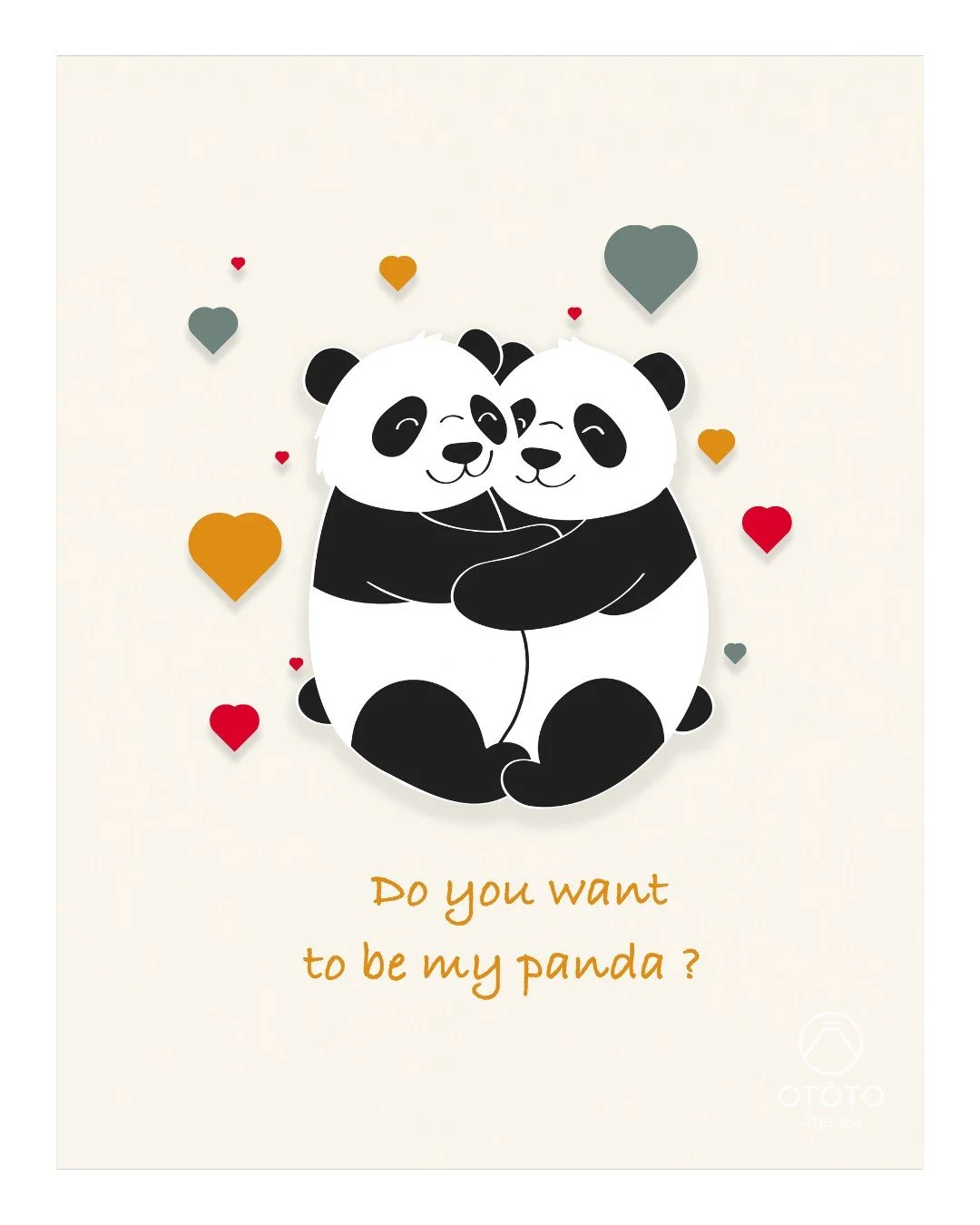 Deux pandas amoureux qui se font un c&acirc;lin... parce que parfois, il suffit d'un gros hug pour que tout aille mieux. Une affiche toute douce, pleine de tendresse, parfaite pour dire "je t'aime" sans dire un mot 💘
.
.
#ototoatelier 
#bo