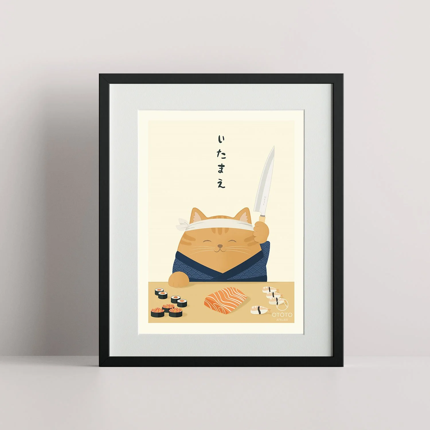 Illustration d'un chat portant un katana, avec des sushis, du poisson cru et des sushis en rond à côté, avec le texte japonais 'Itamae' en haut.