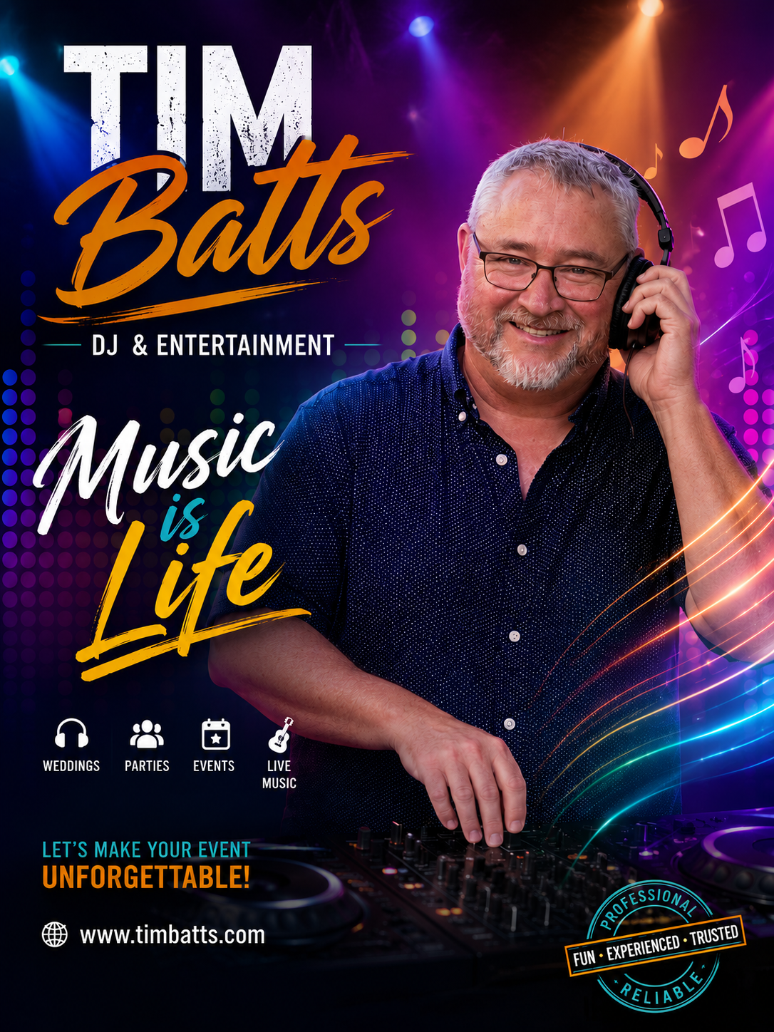 Promotional poster for DJ Tim Batts featuring a smiling man with glasses and headphones, standing behind DJ equipment, with colorful lights and musical notes in the background. Text includes 'Tim Batts', 'Music is Life', 'DJ & Entertainment', and mentions weddings, parties, events, and live music.