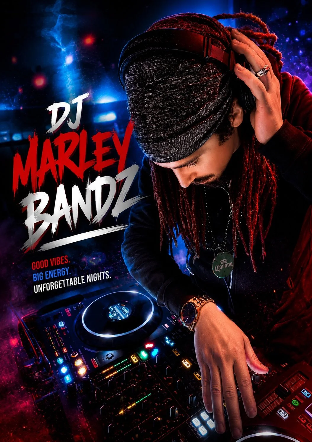 A DJ wearing headphones and a beanie, with red dreadlocks, playing music behind a DJ mixer. The background features a starry space scene with vibrant colors. Text reads: "DJ Marley Bandz, Good Vibes, Big Energy, Unforgettable Nights."