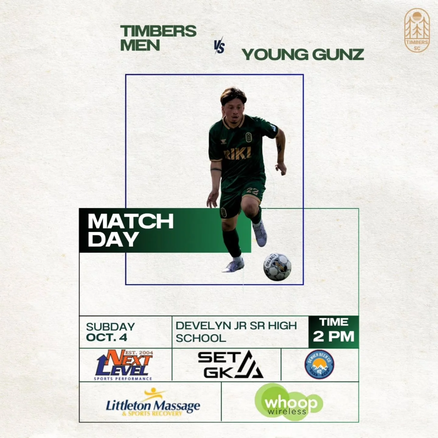 MATCH DAY ⚽🌲 
The Timbers Men are back in action!
Come out and support the squad as they take on Young Gunz🔥

📅 Sunday, Oct. 4
📍 Develyn Jr/Sr High School
⏰ Kickoff: 2 PM

Let&rsquo;s get that DUB!!!💪💚💛
#TimbersSC #MatchDay #ColoradoSoccer #Ti