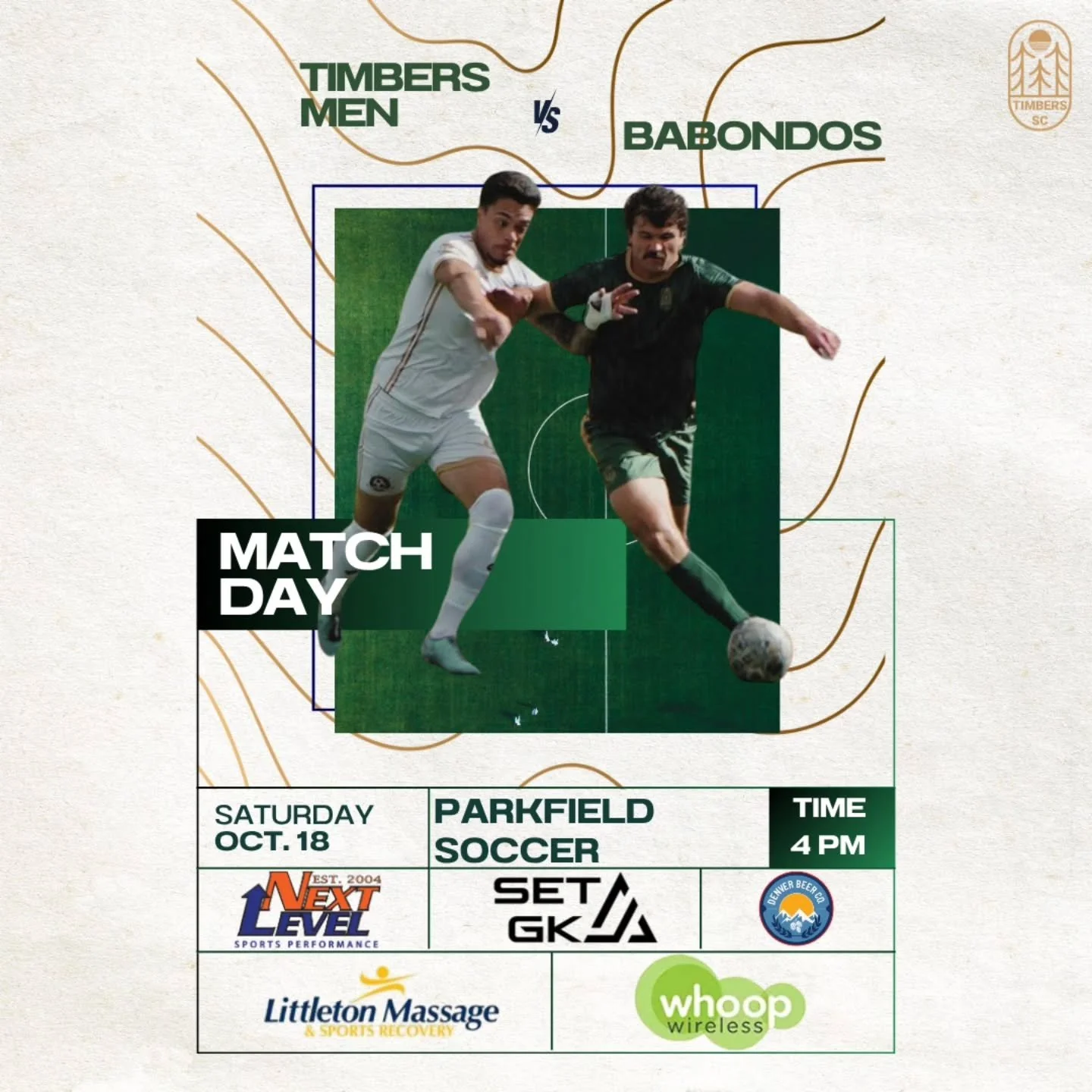 ⚽ MATCHDAY! ⚽
The Timbers Men are back in action today as they face Babondos! 🌲🔥

📍 Parkfield Lake Park
🕓 Kickoff: 4 PM
📅 Saturday, Oct. 18

Come out and support the boys as they push for another big win! 💪💚

#TimbersSC #MatchDay #ColoradoSocc