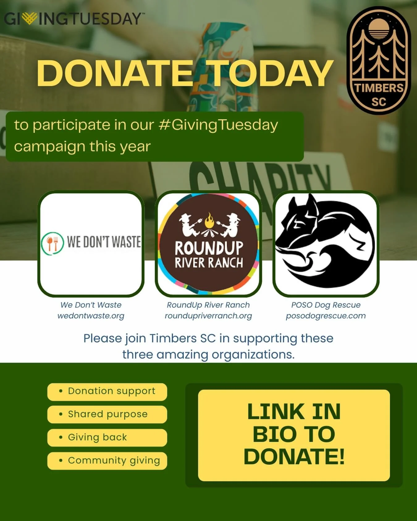 Happy Giving Tuesday from Timbers SC! 🌲

Please join us in our #givingtuesday campaign this year. We are supporting three amazing organizations and invite you to help us in donating to any or all of them!

This year, we are supporting We Don&rsquo;t