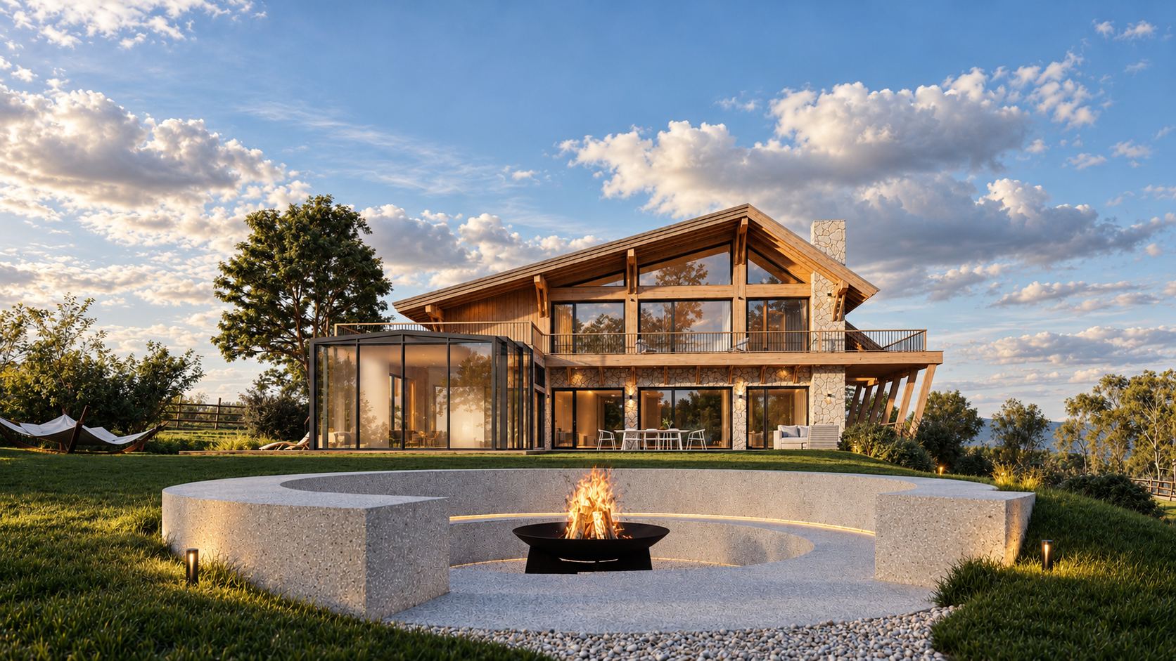 Photorealistic Golden-Hour Chalet Firepit.png