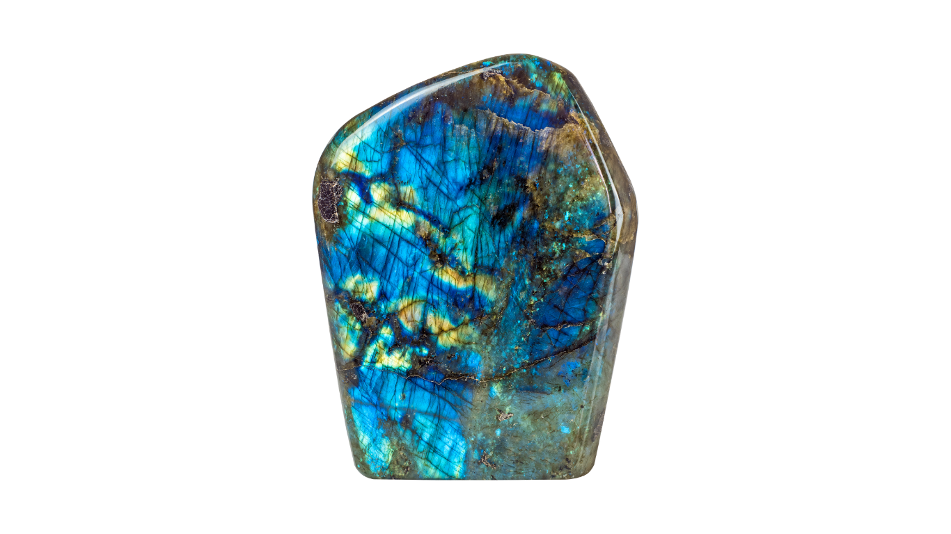 A polished piece of labradorite gemstone with vibrant blue, green, and yellow iridescent colors.