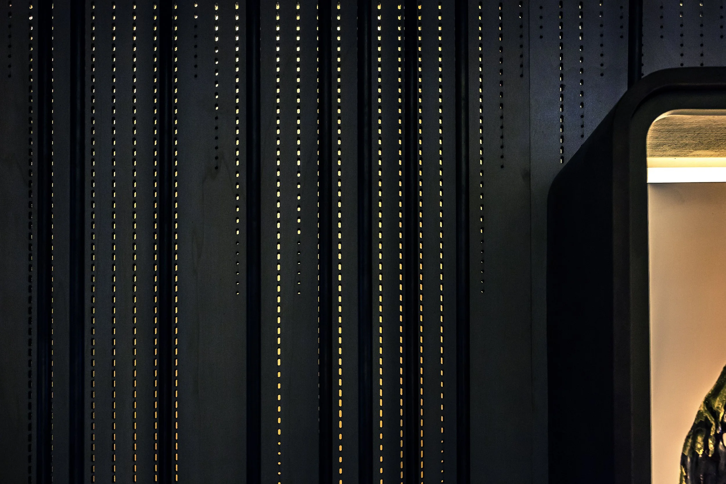 A dark interior wall with vertical evenly spaced small holes, and a window or opening on the right side showing a landscape with grass and trees.