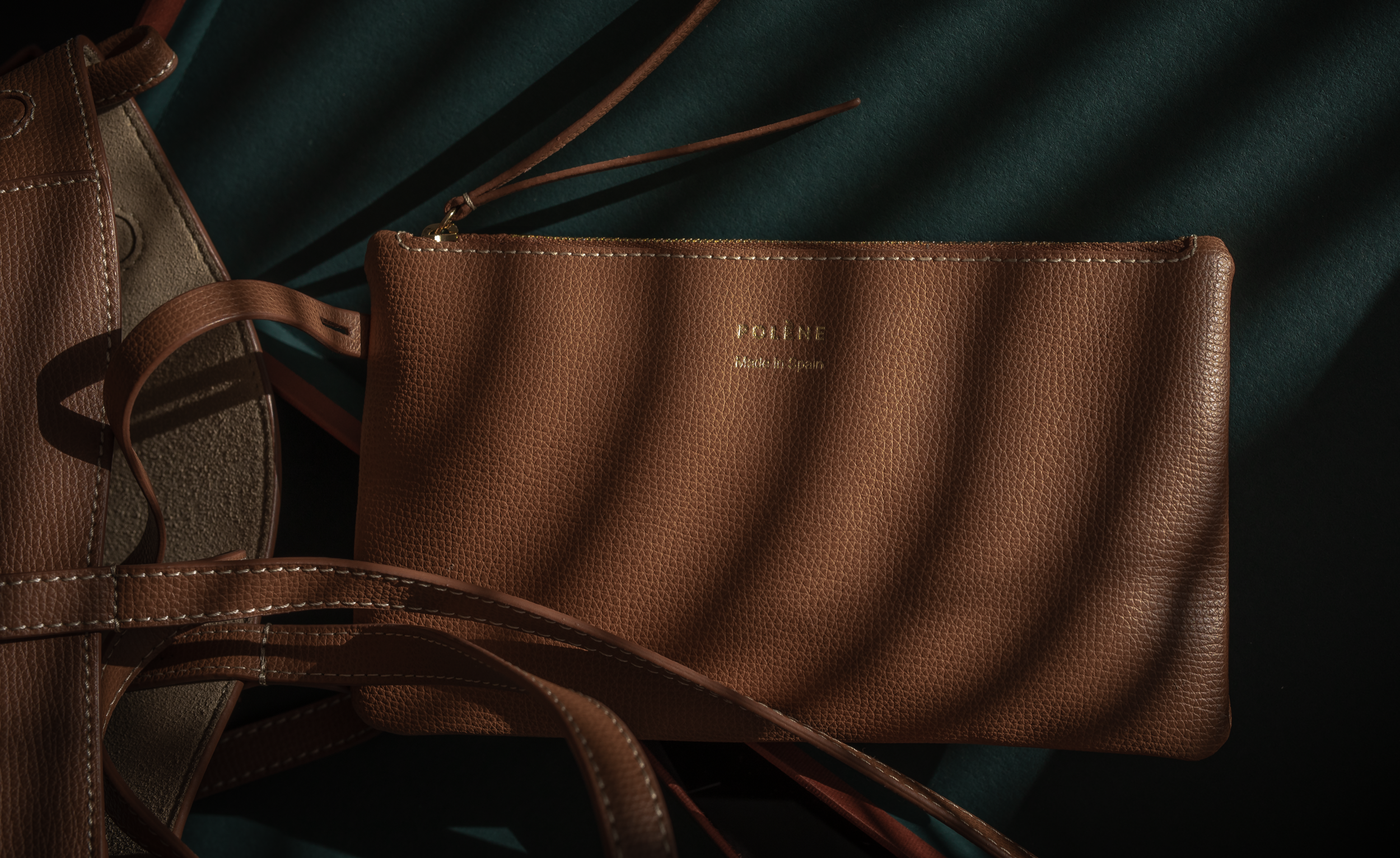 Polène brown bag on a dark green background 