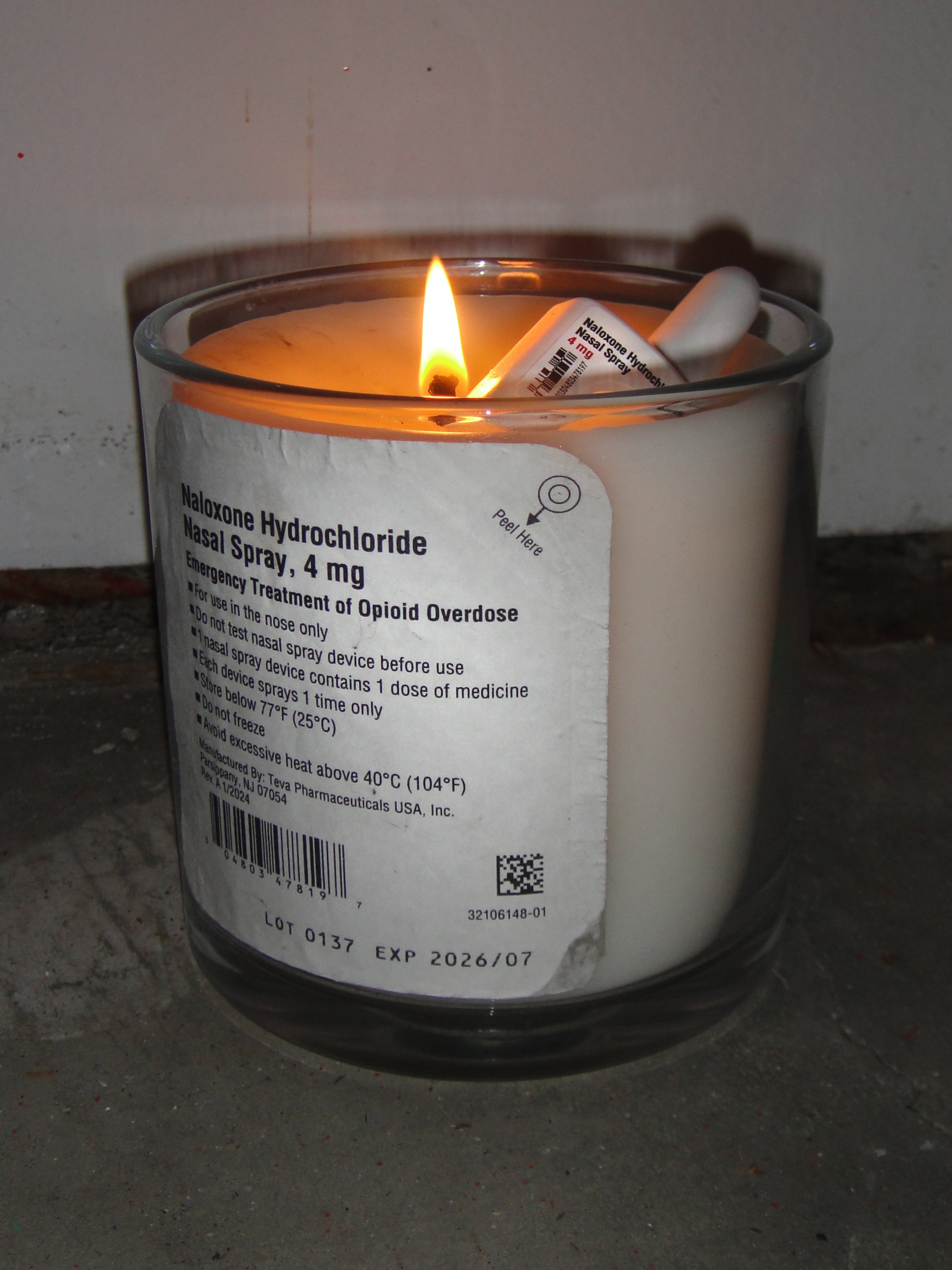 'Trying to Stay Clean (Narcandle)'. Paraffin wax and naloxone hydrochloride. Sculptural element of video project.