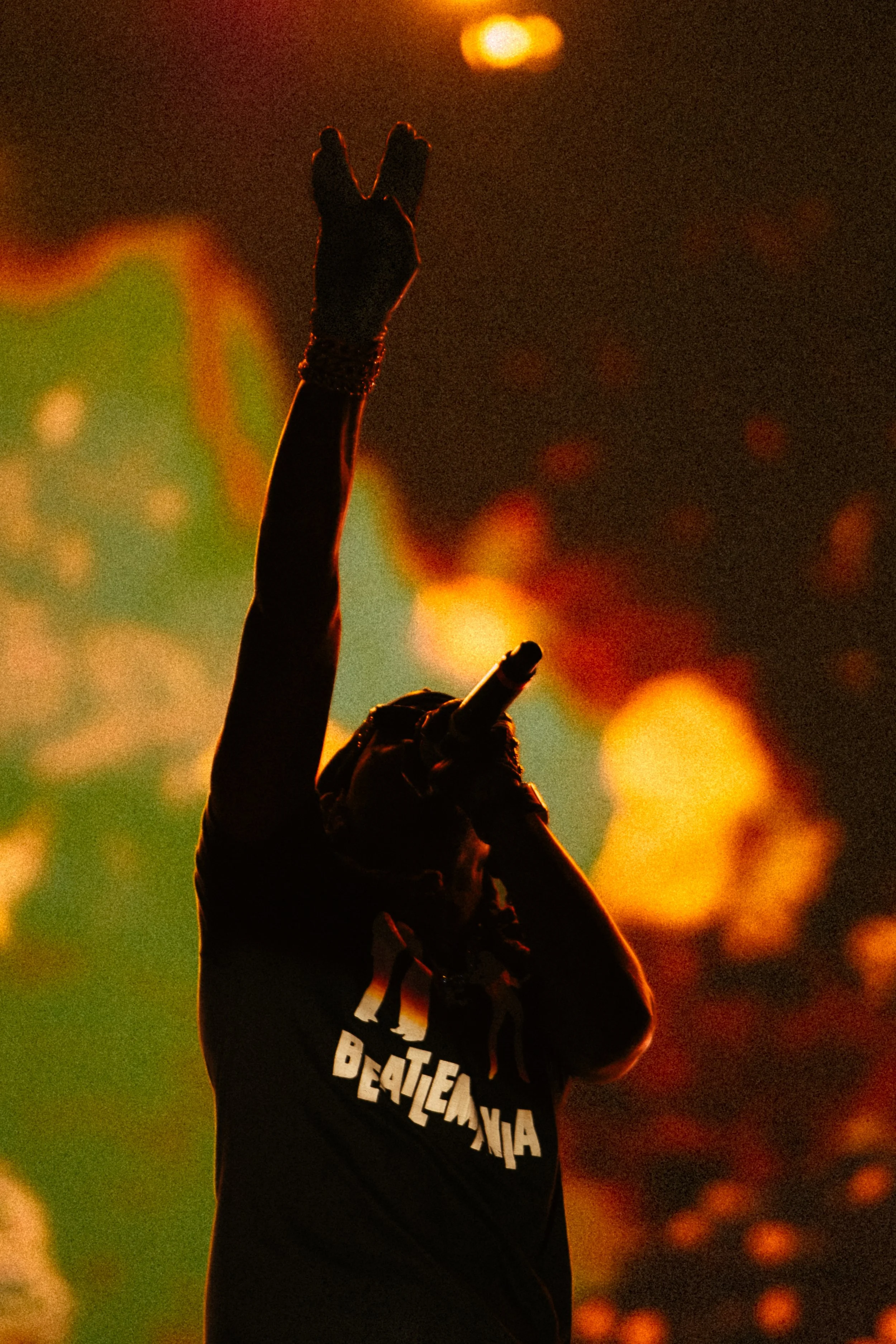 Silhouette of a singer on stage holding a microphone, with an arm raised against a colorful background.