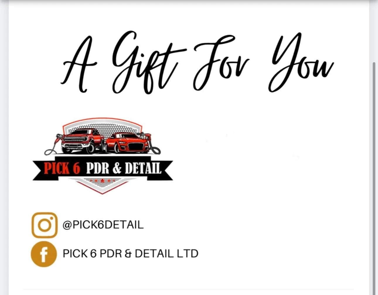 🎁 Father&rsquo;s Day is just around the corner!

Looking for a gift Dad will actually use?

Give him a clean ride with a Pick 6 PDR &amp; Detail eGift Card.

Available in any amount and delivered instantly.

Perfect for:
&bull; Full Details
&bull; I