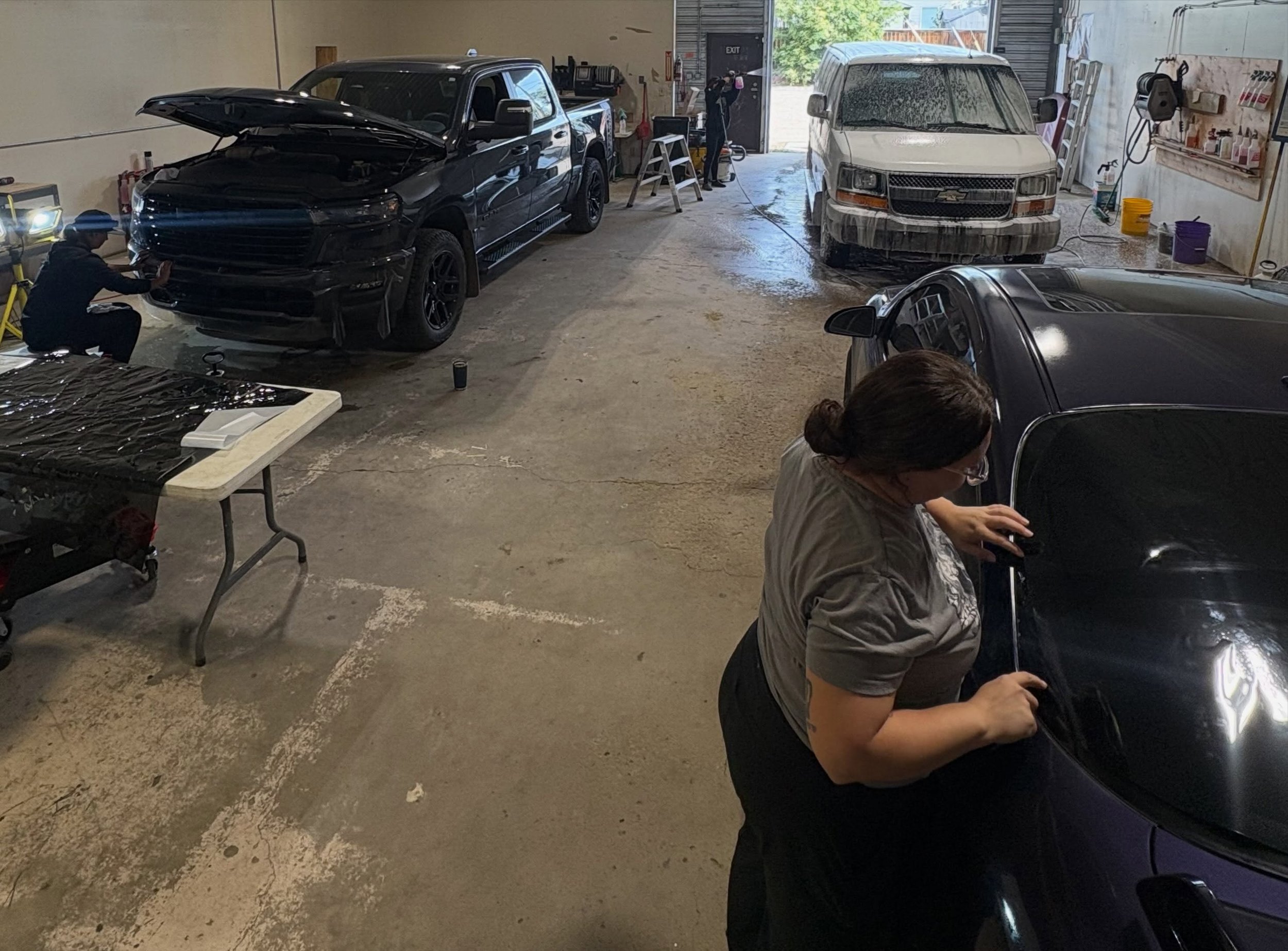 Three bays. Three completely different jobs. 

PPF going down on the truck.
Full detail underway on the van.
Tint getting installed on the coupe.

Pretty cool seeing all three bays moving at once - and seeing how far the shop has come.

Detail &bull;