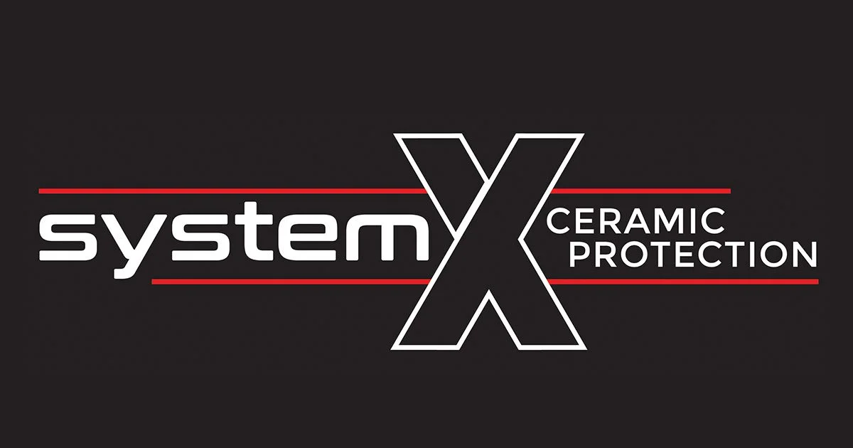 Logo for System X Ceramic Protection on a black background with white and red text.