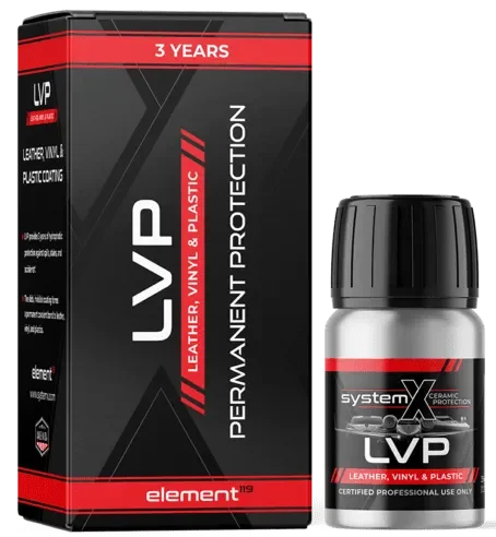 A box of LVP leather, vinyl, and plastic permanent protection and a bottle of System X LVP leather, vinyl, and plastic protection product.