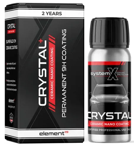 Bottle and box of Element 119 Crystal Ceramic Nano Coating for cars, black and silver packaging with red accents.