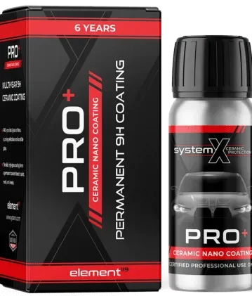 A box and a spray bottle of System X PRO+ Ceramic Nano Coating for cars, with black, red, gray, and white packaging design.