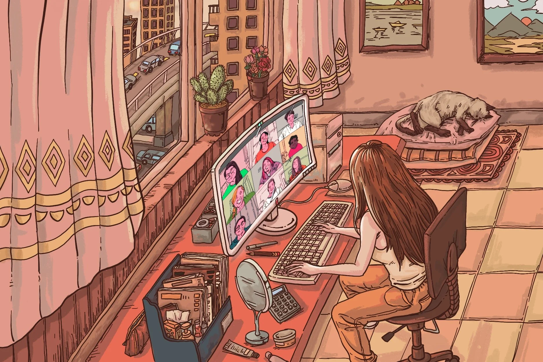 Editorial illustration for New New York Times article:《Working From Home and Realizing What Matters》
