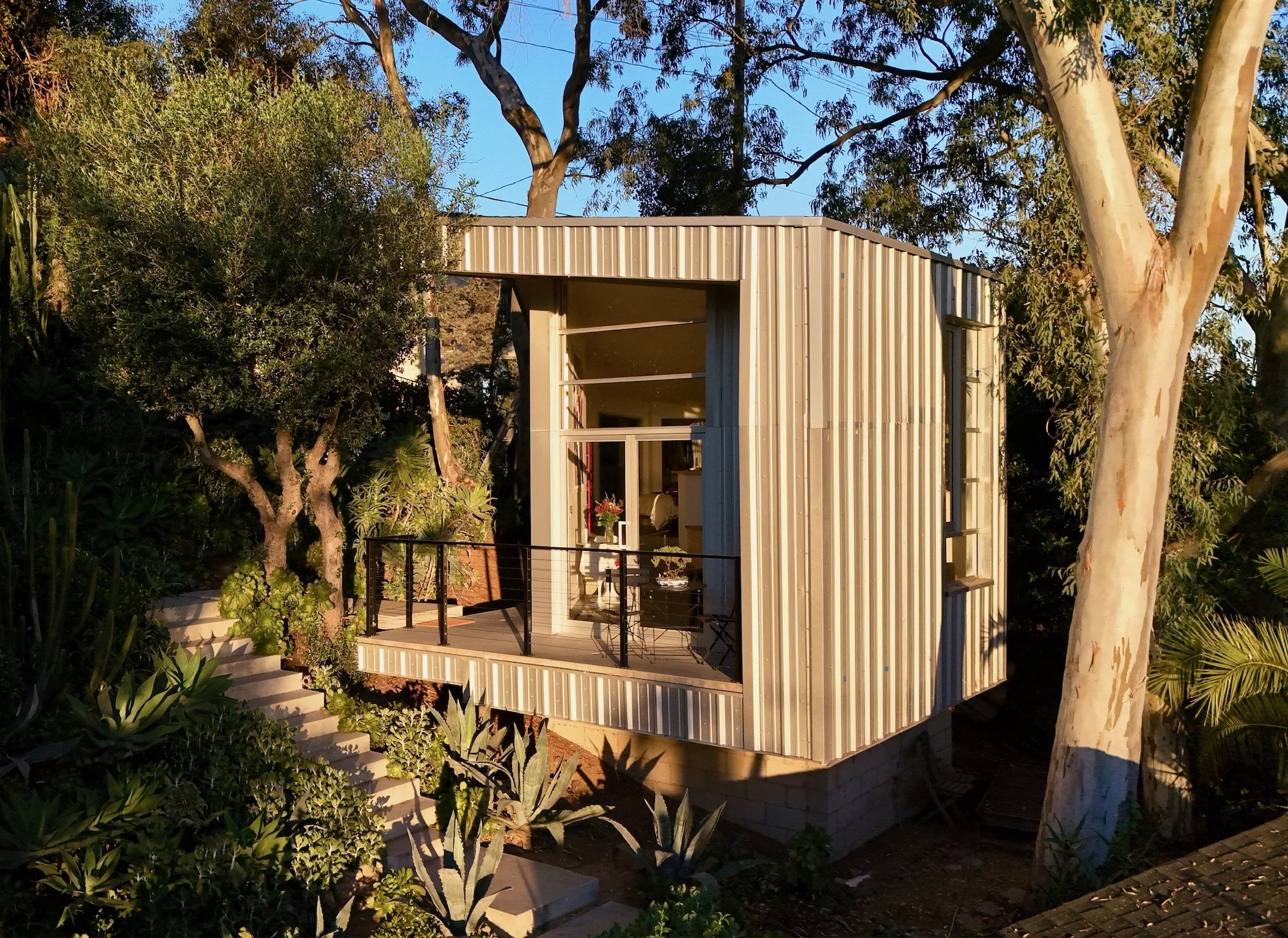 Modern architectural Airbnb studio surrounded by mature trees in Northeast Los Angeles