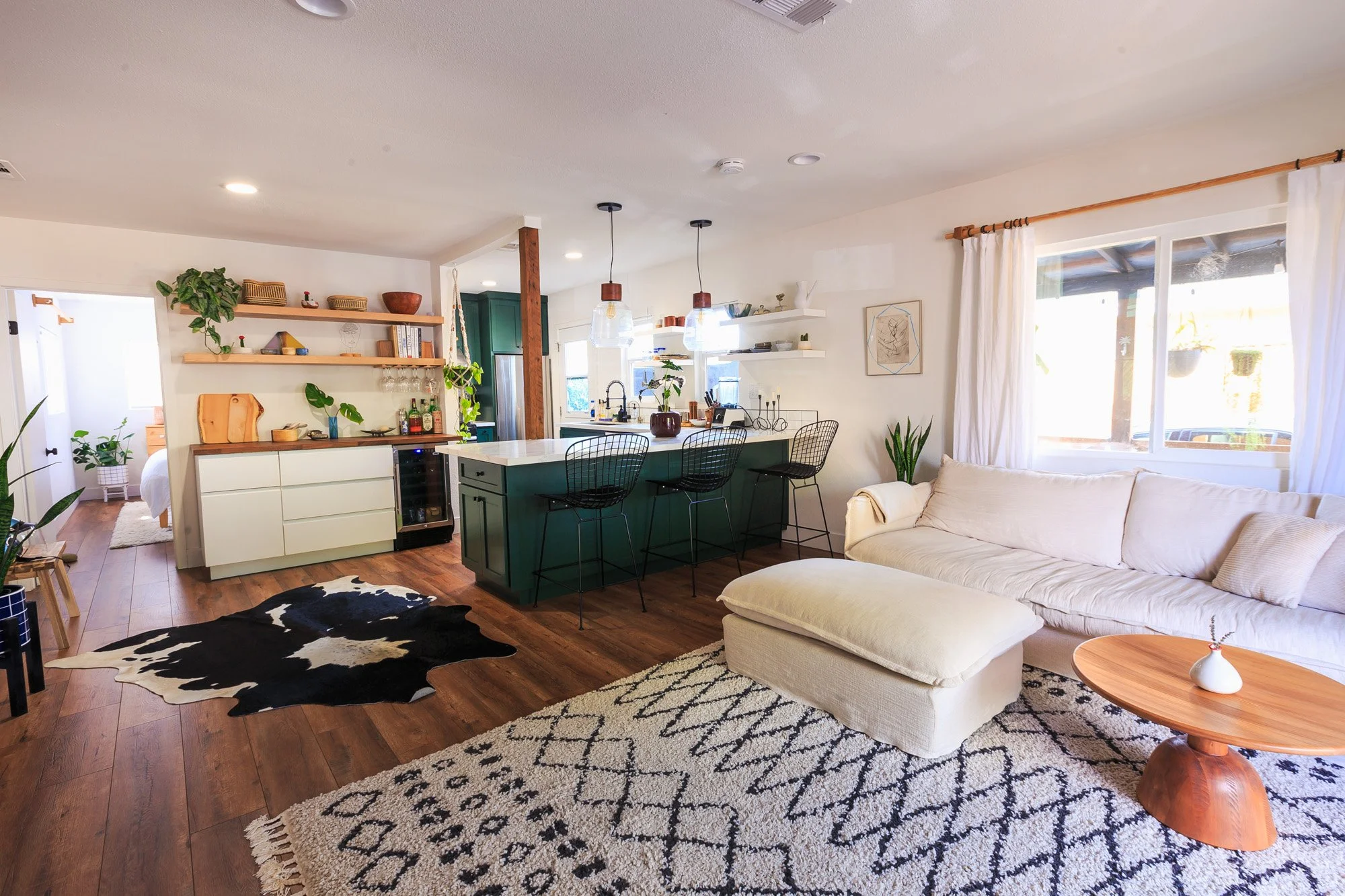 Colorful open living space in a Silver Lake Airbnb designed for entertaining and guest stays