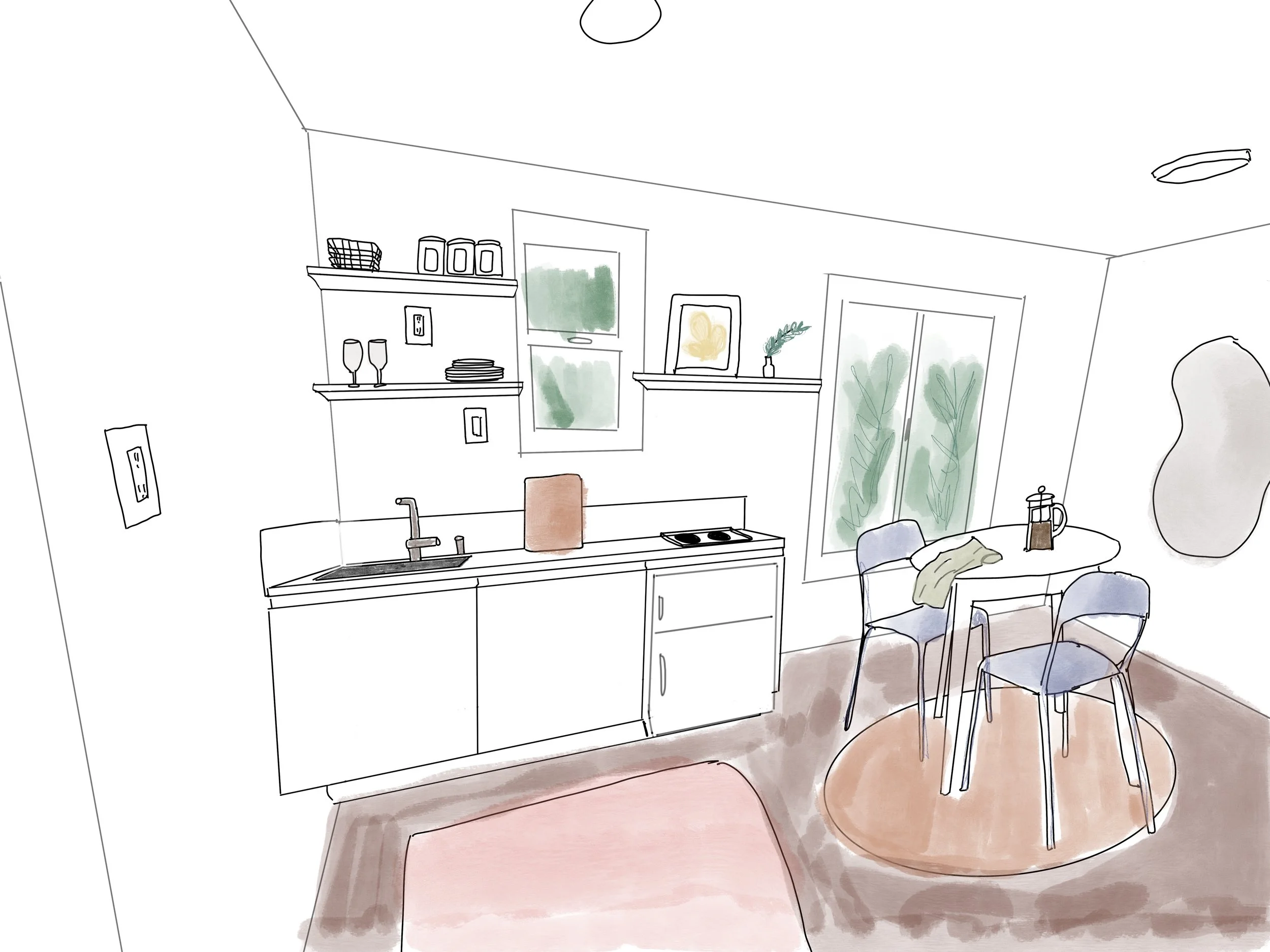 Airbnb interior design and space planning for a kitchen and dining area