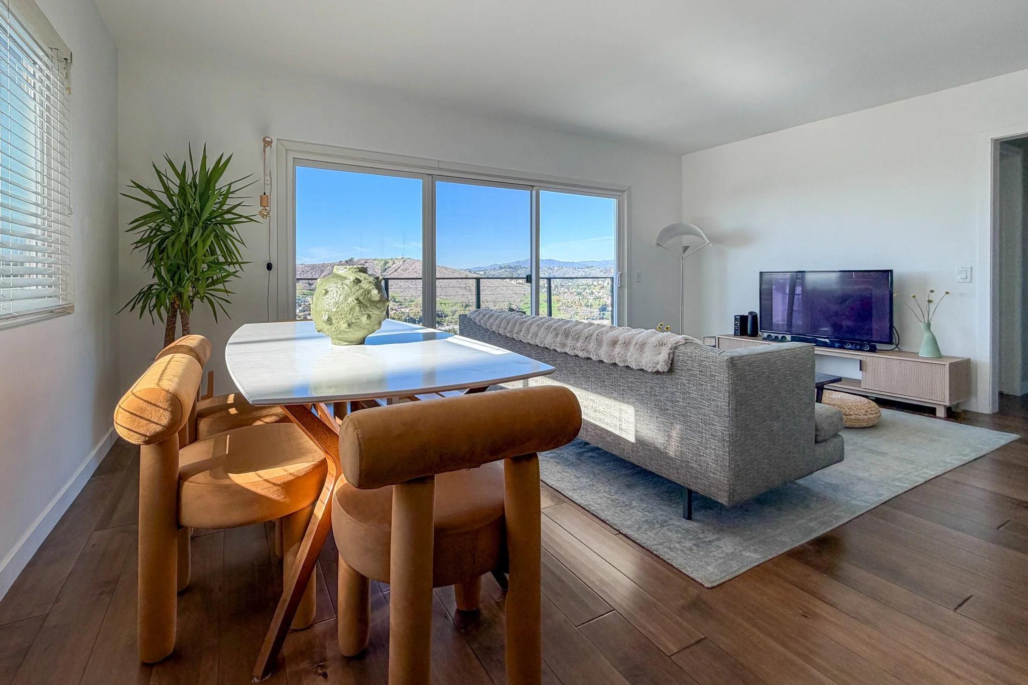 Living room at a Hillside airbnb with views short-term rental in El Sereno, designed by Homing Interiors.