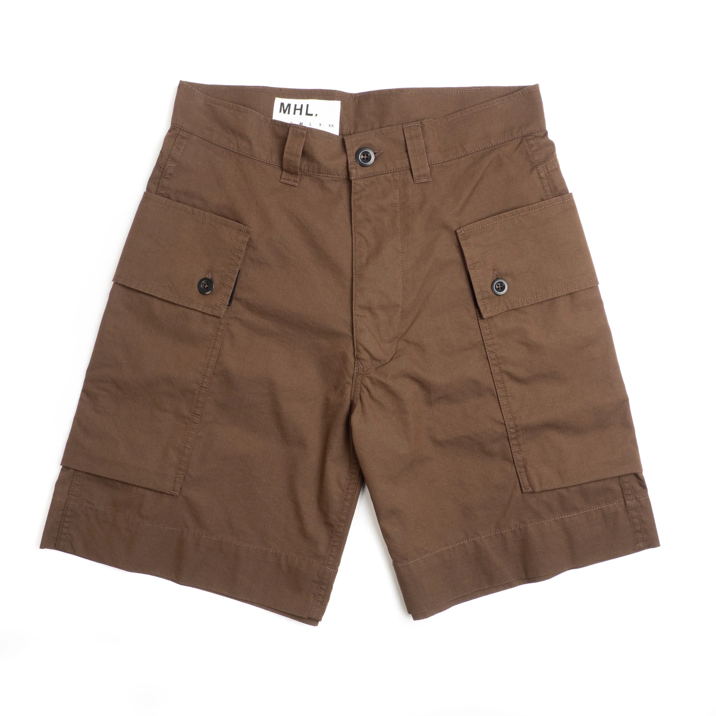 Margaret Howell MHL Cargo Pocket Shorts - Cotton Nylon Poplin - Earth