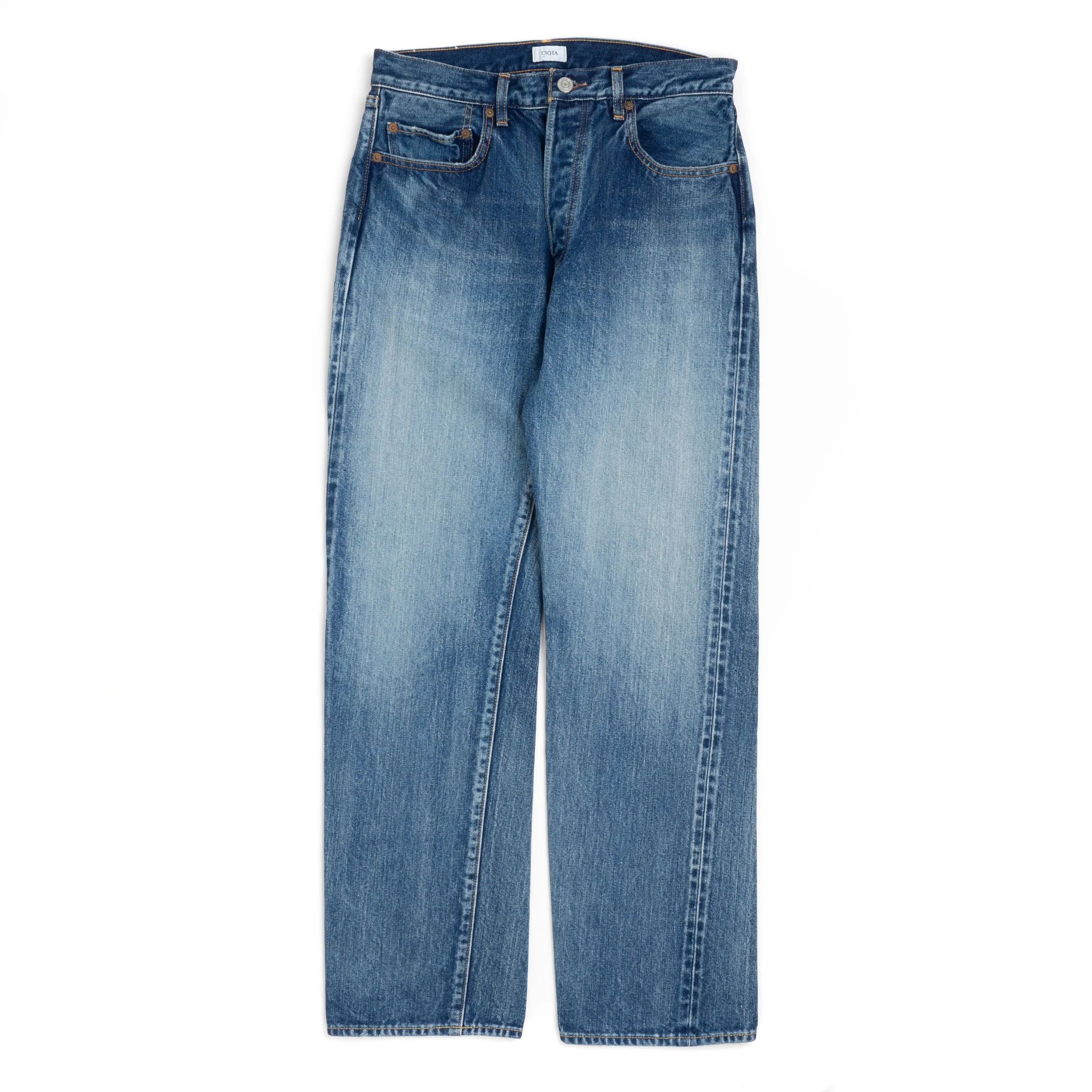 CIOTA Straight 5 Pocket Pants - Cotton Denim - Medium Dark Blue Damage