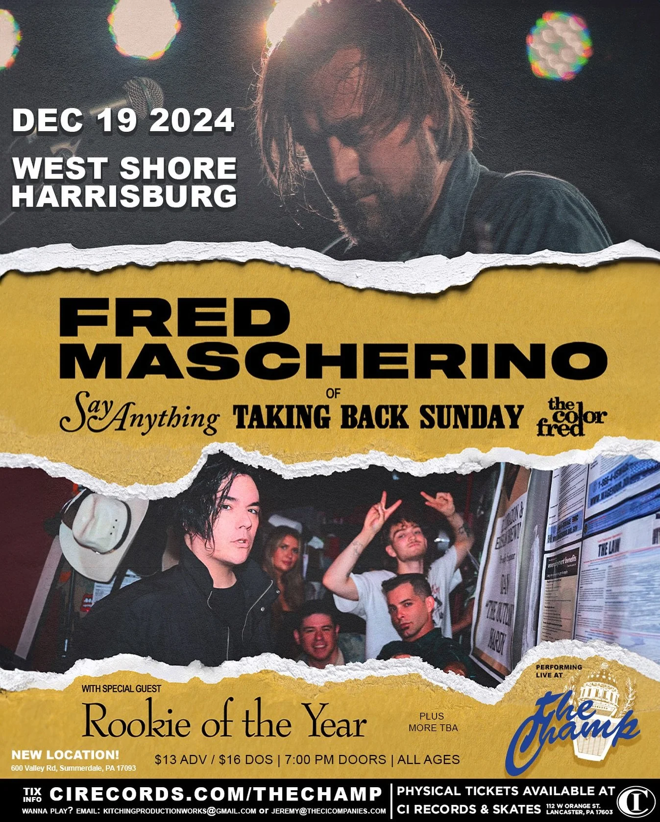 🚨JUST ANNOUNCED🚨 Fred Mascherino is coming to The Champ with special guest Rookie of the Year on December 19th, 2024! Tickets are ON SALE NOW at www.cirecords.com/thechamp