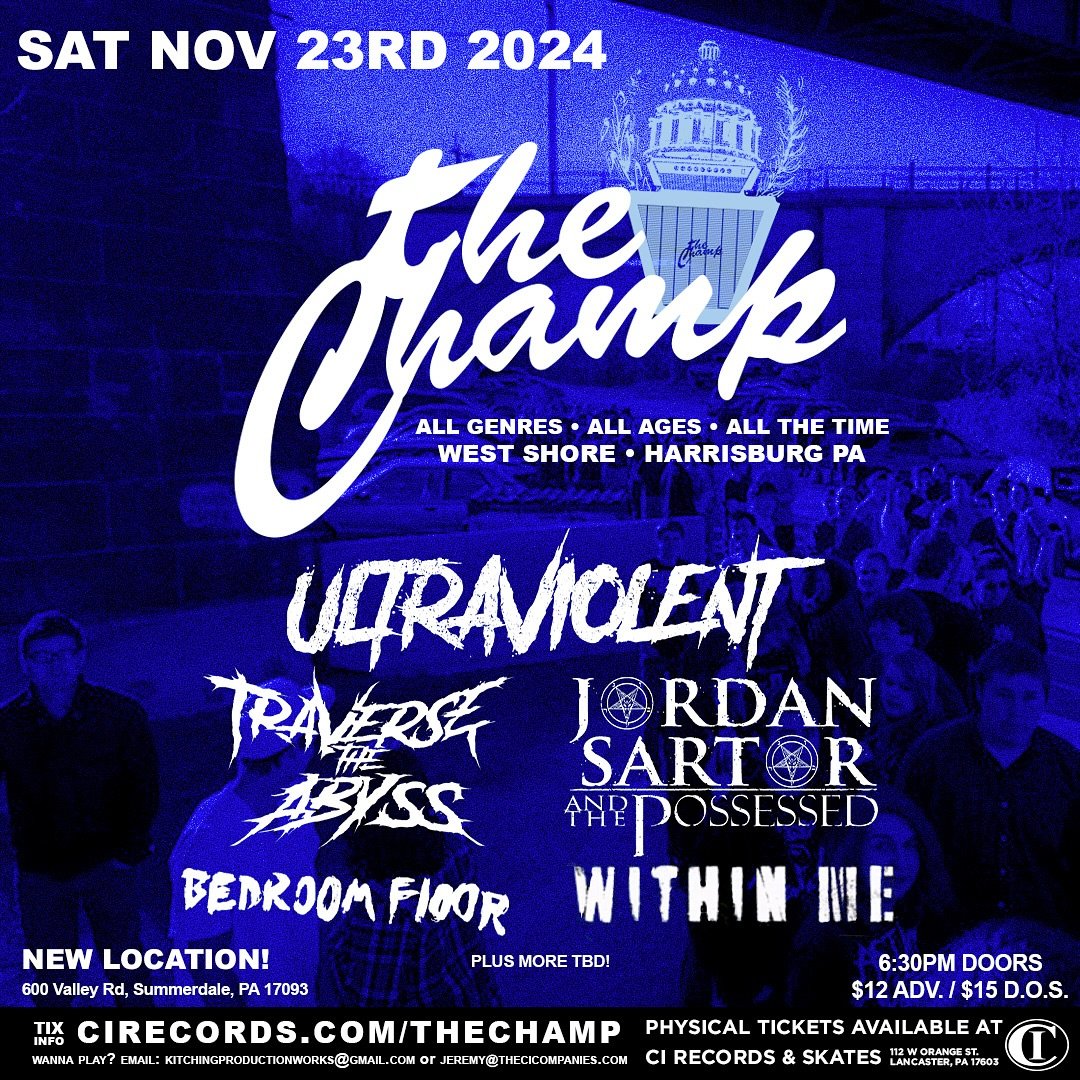 Our second show back! 💙🤍
One week after The Champ returns, Ultraviolent, Traverse The Abyss, Jordan Sartor and the Possessed, Bedroom Floor, &amp; Without Me are set to tear the house down!
-
#thechamp #thechampvenuepa