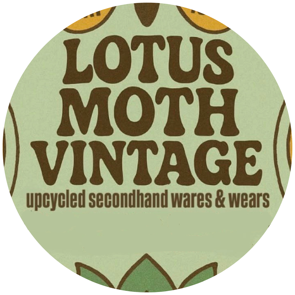 Logo for Lotus Moth Vintage, a store selling upcycled secondhand wares and wears, with a light green background and decorative elements.