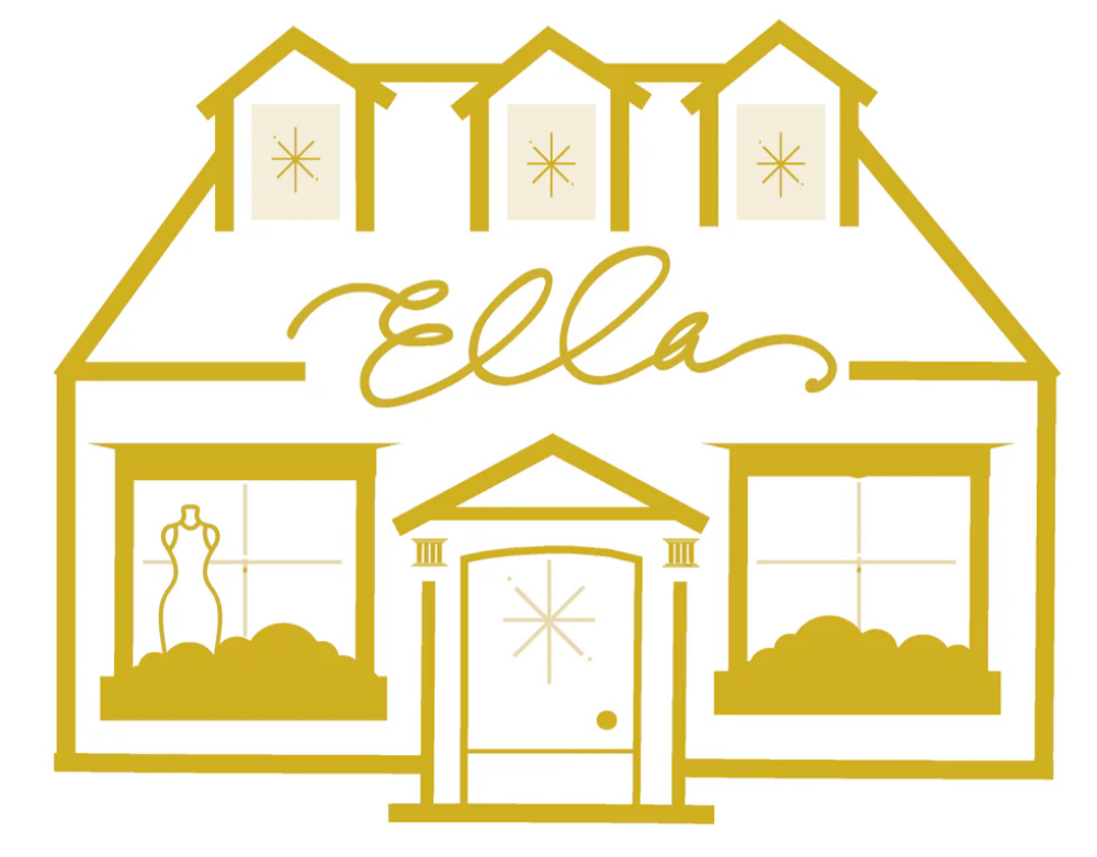 Gold outline of a store with a sign that says "Ella" in the middle, including windows with dress forms and a front door.
