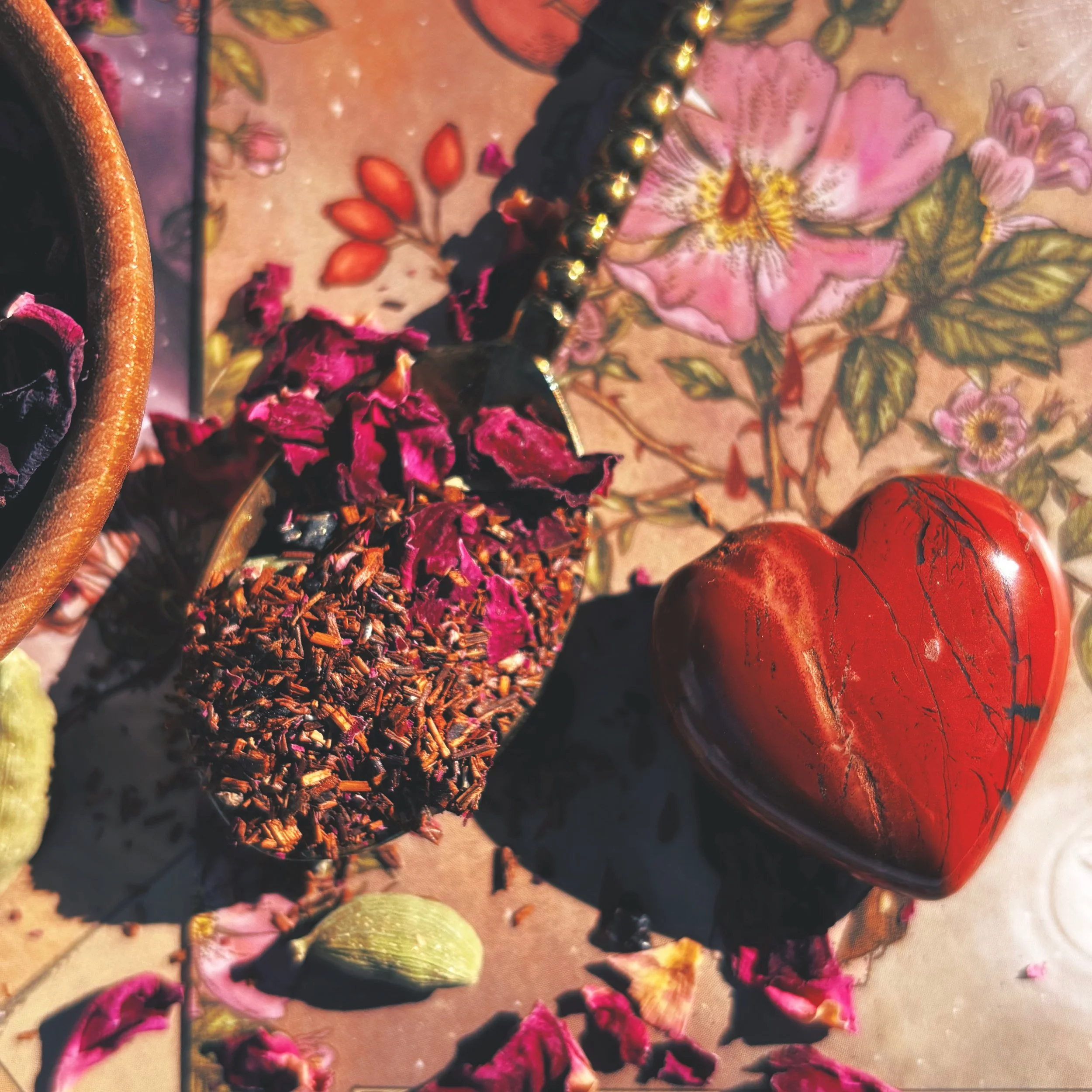heart opening herbal tea blend with rose petals and red rooibos and a heart shaped red stone for self love