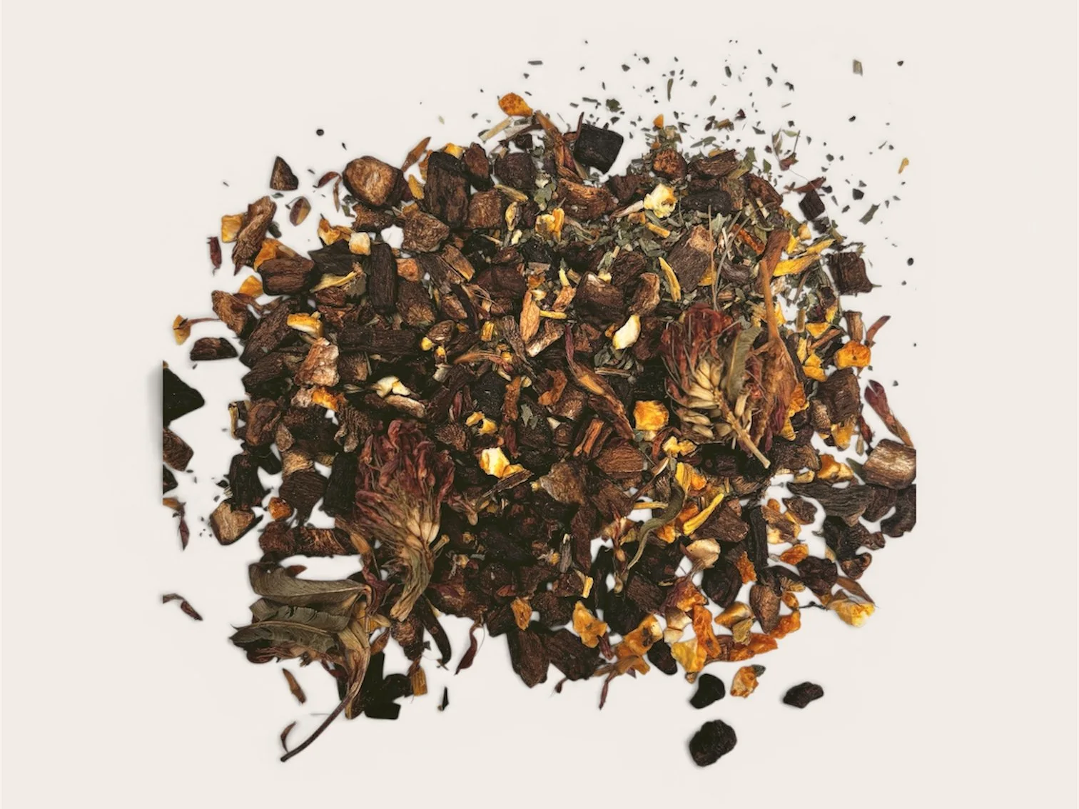 loose leaf herbs containing burdock root, dandelion root, tulsi holy basil, red clover, orange peel and licorice root