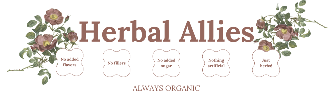 herbal allies displaying no added flavors, no fillers, no added sugar, nothing artificial, just organic herbs