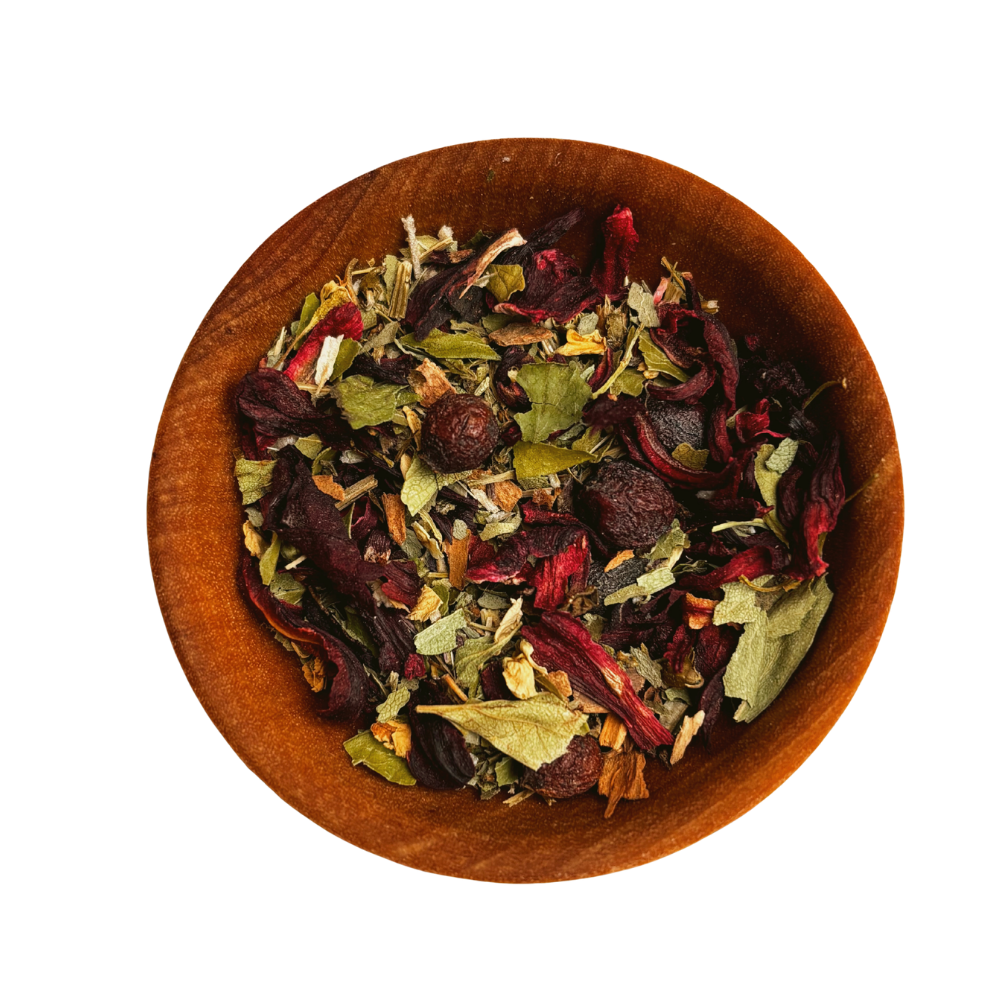 heart health herbal tea for blood pressure with hibiscus, hawthorn, holy basil and cinnamon.
