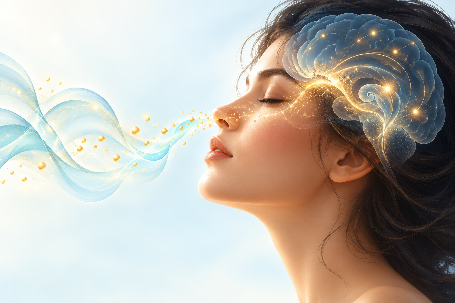 Una versión sin texto inspirada en tu referencia, con tonos azul y dorado y una representación conceptual de la conexión entre aroma, percepción y memoria.