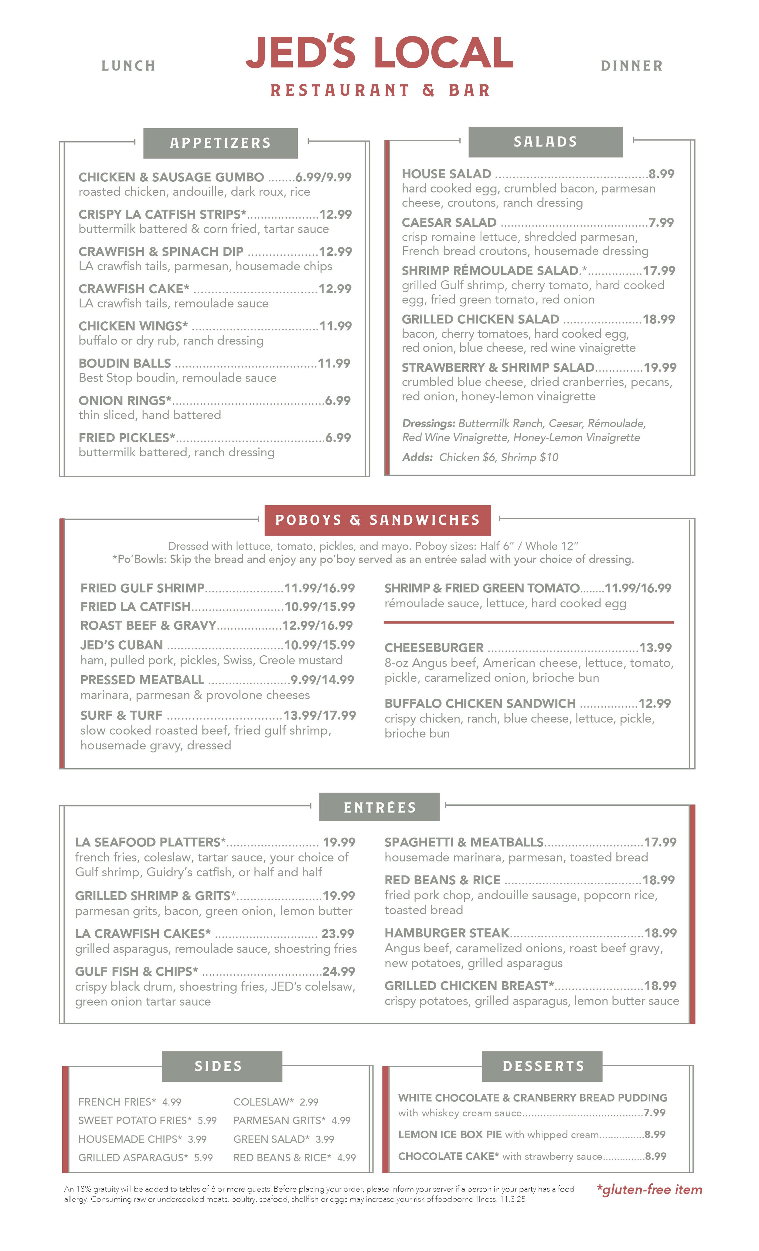Close-up of lunch and dinner options on the Jed’s Local menu