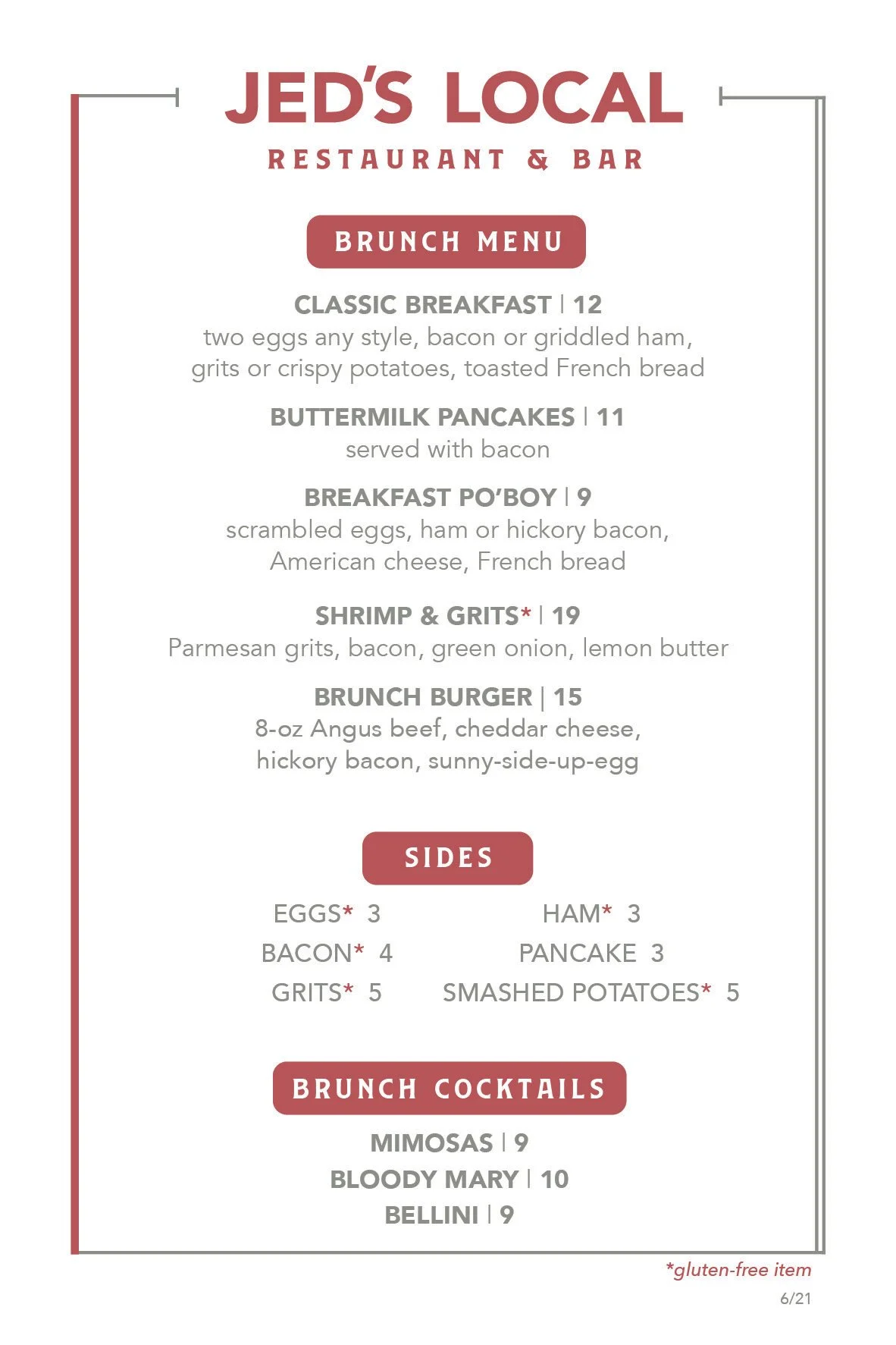JED's Local Sunday Brunch Menu — Baton Rouge, mimosas, Bloody Marys, classic breakfast, Creole brunch specialties